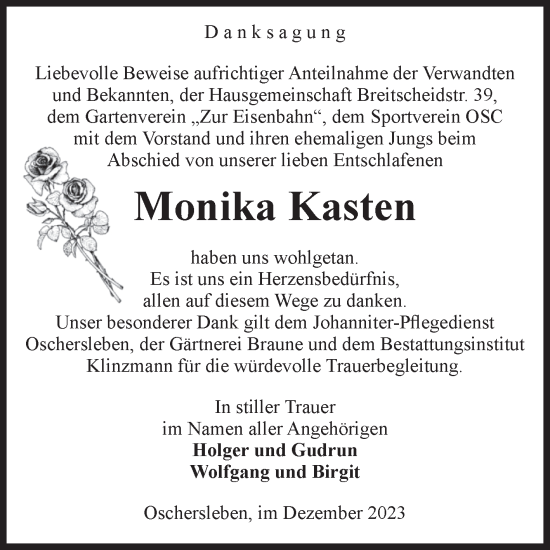Traueranzeige von Monika Kasten von Volksstimme Oschersleben/Wanzleben