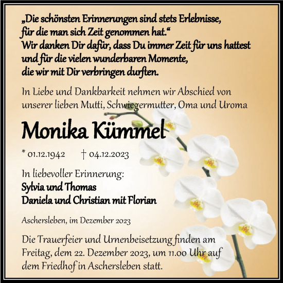 Traueranzeige von Monika Kümmel von Trauerkombi Aschersleben