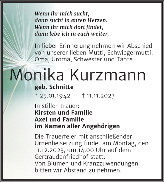 Traueranzeige von Monika Kurzmann von Mitteldeutsche Zeitung Halle/Saalkreis