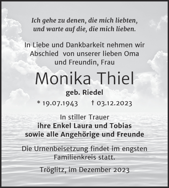 Traueranzeige von Monika Thiel von Trauerkombi Zeitz