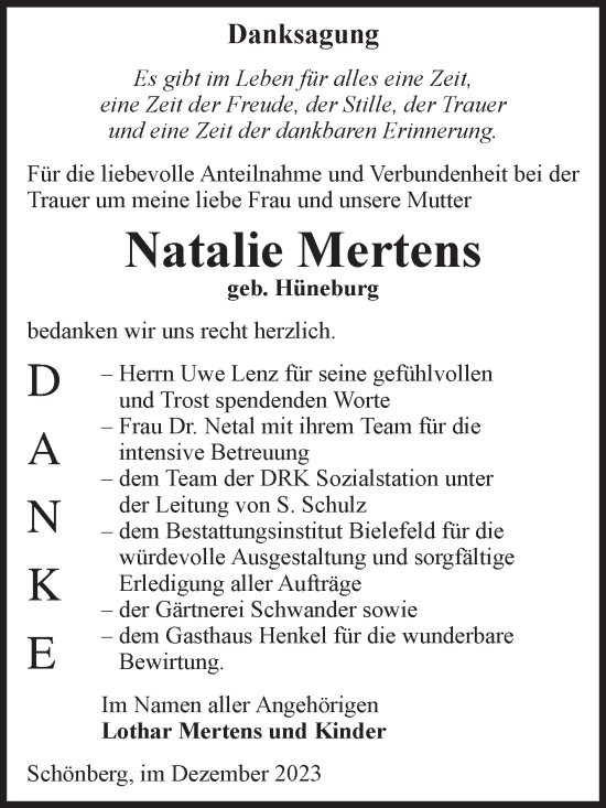 Traueranzeige von Natalie Mertens von Volksstimme Altmark Ost