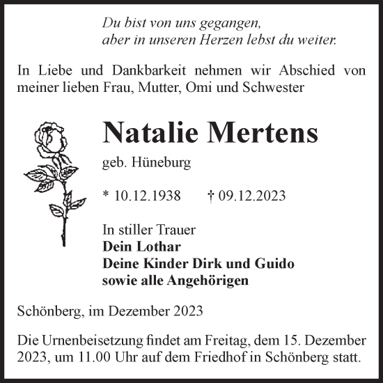 Traueranzeige von Natalie Mertens von Volksstimme Altmark Ost
