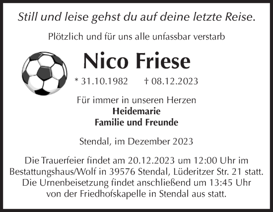 Traueranzeige von Nico Friese von Volksstimme Altmark Ost