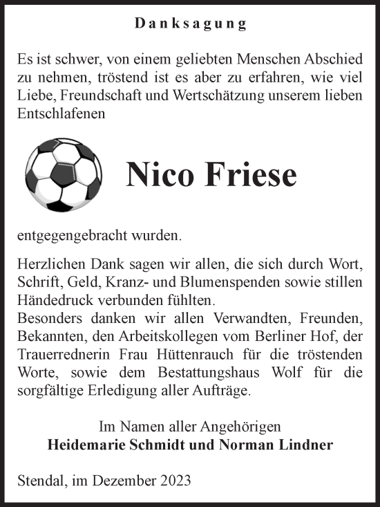 Traueranzeige von Nico Friese von Volksstimme Altmark Ost