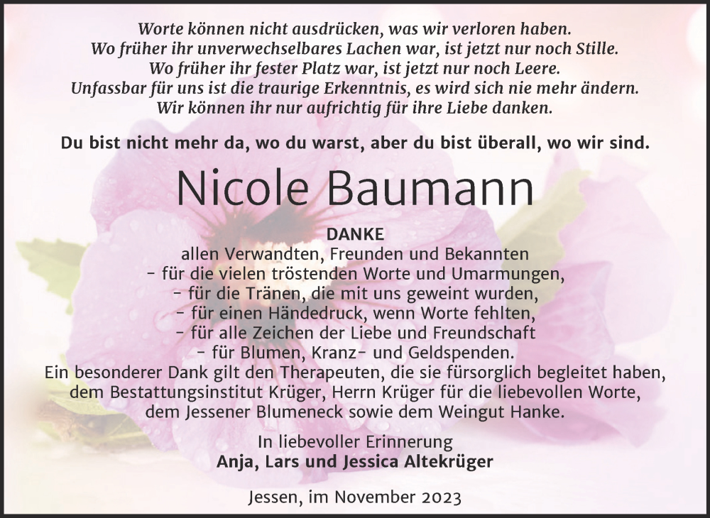  Traueranzeige für Nicole Baumann vom 16.12.2023 aus Trauerkombi Wittenberg