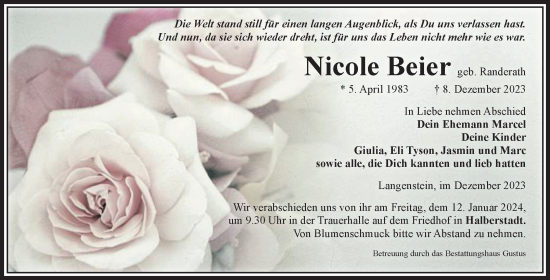 Traueranzeige von Nicole Beier von Volksstimme Halberstadt