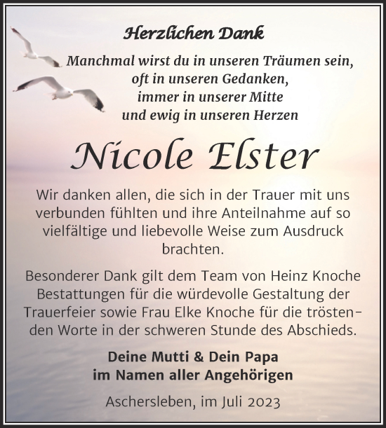Traueranzeige von Nicole Elster von Trauerkombi Aschersleben