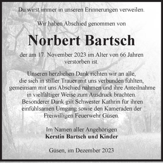 Traueranzeige von Norbert Bartsch von Volksstimme Burg/Genthin