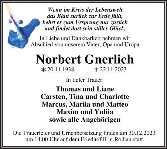 Traueranzeige von Norbert Gnerlich von Trauerkombi Dessau