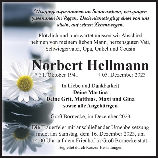 Traueranzeige von Norbert Hellmann von Volksstimme Staßfurt