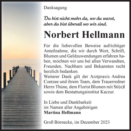 Traueranzeige von Norbert Hellmann von Volksstimme Staßfurt