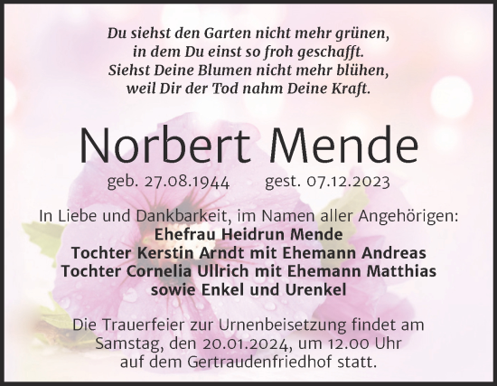 Traueranzeige von Norbert Mende von Mitteldeutsche Zeitung Halle/Saalkreis