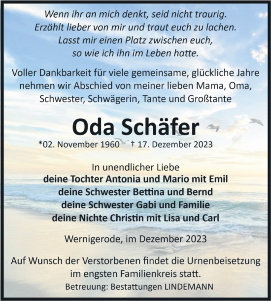 Traueranzeige von Oda Schäfer von Volksstimme Wernigerode