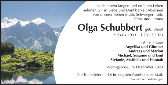 Traueranzeige von Olga Schubbert von Volksstimme Wernigerode