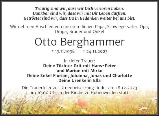 Traueranzeige von Otto Berghammer von Mitteldeutsche Zeitung Halle/Saalkreis