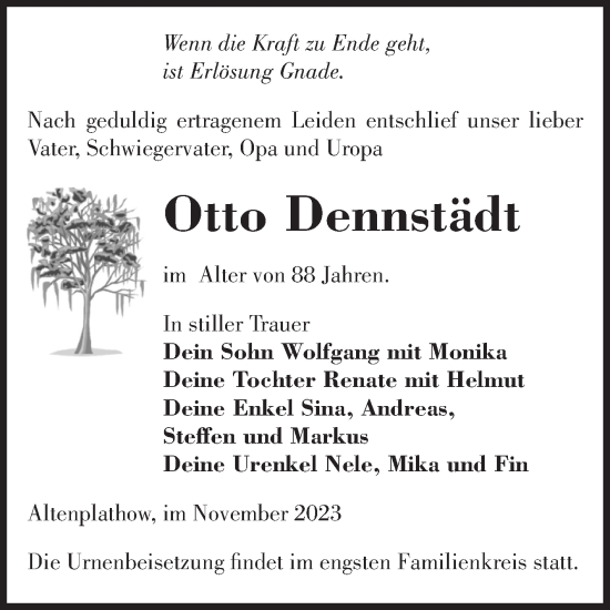 Traueranzeige von Otto Dennstädt von Volksstimme Burg/Genthin