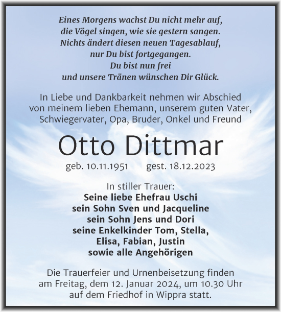 Traueranzeige von Otto Dittmar von Trauerkombi Mansfelder Land