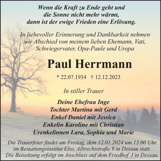 Traueranzeige von Paul Herrmann von Trauerkombi Dessau