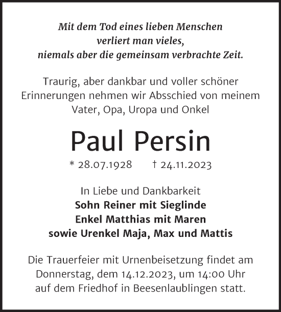 Traueranzeige von Paul Persin von Trauerkombi Bernburg