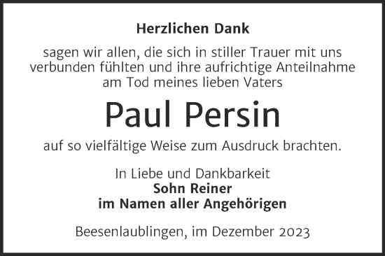 Traueranzeige von Paul Persin von Trauerkombi Bernburg