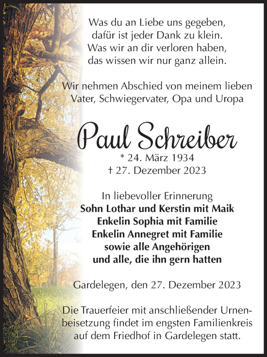 Traueranzeige von Paul Schreiber von Volksstimme Altmark West