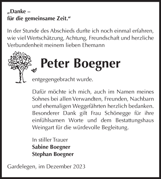 Traueranzeige von Peter Boegner von Volksstimme Altmark West