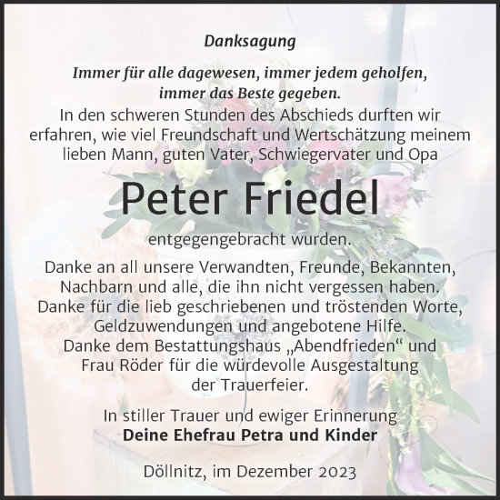 Traueranzeige von Peter Friedel von Trauerkombi Merseburg