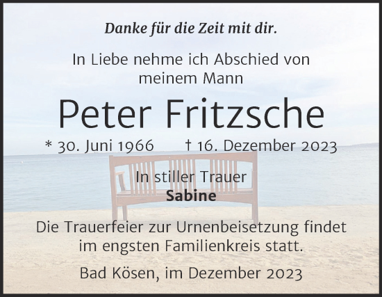 Traueranzeige von Peter Fritzsche von Super Sonntag Naumburg/Nebra