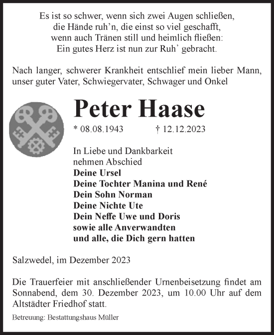 Traueranzeige von Peter Haase von Volksstimme Altmark West