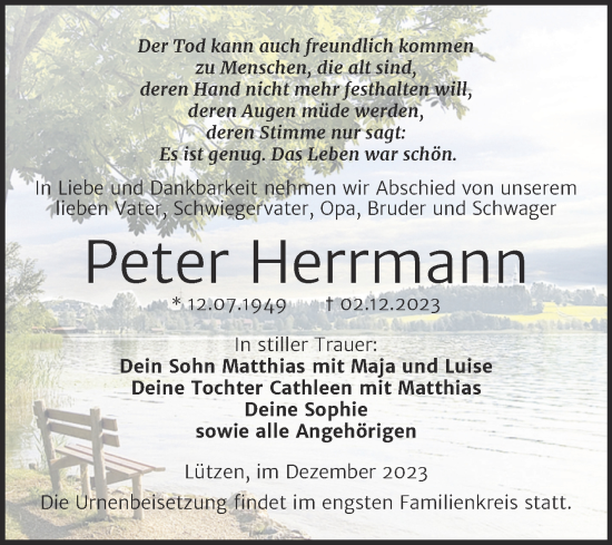 Traueranzeige von Peter Herrmann von Trauerkombi Weißenfels