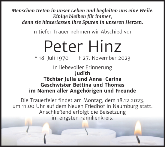 Traueranzeige von Peter Hinz von Wochenspiegel Naumburg/Nebra
