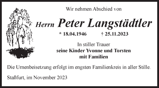 Traueranzeige von Peter Langstädtler von Volksstimme Staßfurt