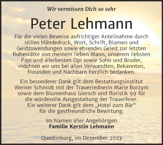 Traueranzeige von Peter Lehmann von Trauerkombi Quedlinburg