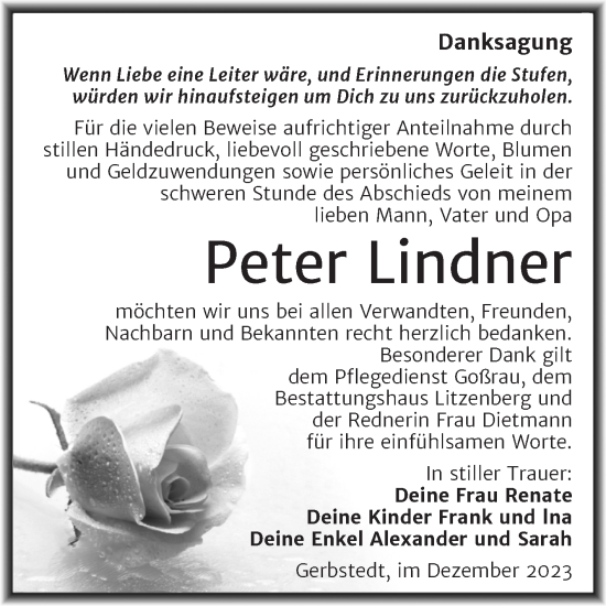Traueranzeige von Peter Lindner von Trauerkombi Mansfelder Land