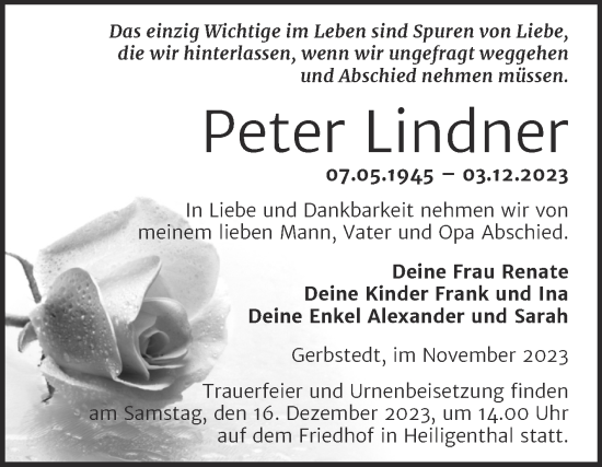 Traueranzeige von Peter Lindner von Trauerkombi Mansfelder Land