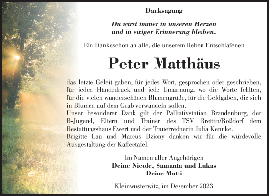 Traueranzeige von Peter Matthäus von Volksstimme Burg/Genthin