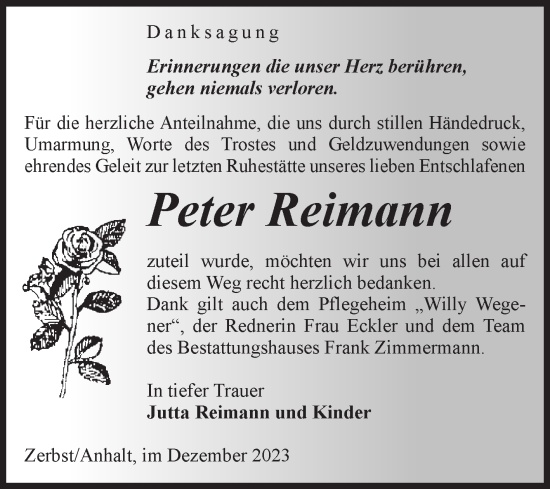 Traueranzeige von Peter Reimann von Volksstimme Zerbst