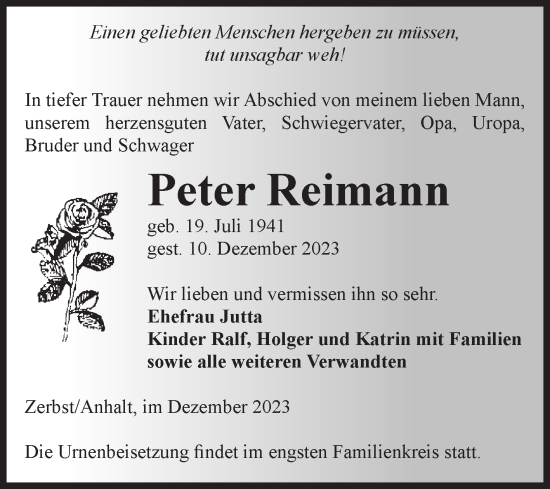 Traueranzeige von Peter Reimann von Volksstimme Zerbst