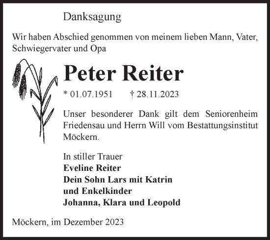 Traueranzeige von Peter Reiter von Volksstimme Burg/Genthin