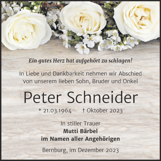 Traueranzeige von Peter Schneider von Trauerkombi Bernburg
