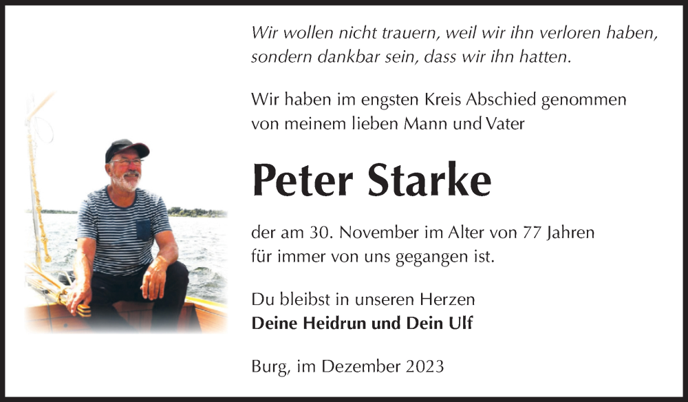  Traueranzeige für Peter Starke vom 09.12.2023 aus Volksstimme Burg/Genthin