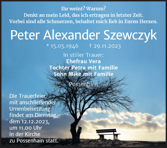 Traueranzeige von Peter Alexander Szewczyk von Wochenspiegel Naumburg/Nebra