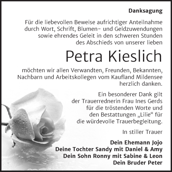 Traueranzeige von Petra Kieslich von Trauerkombi Dessau