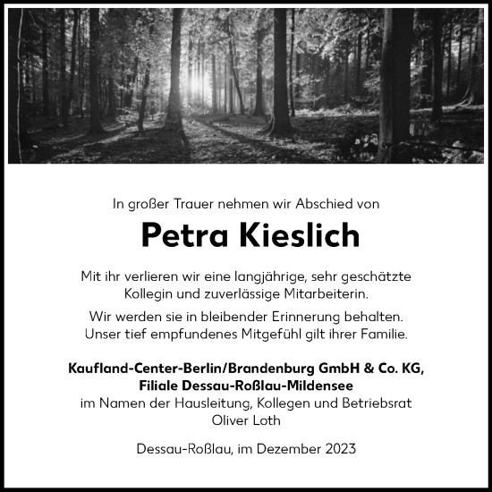 Traueranzeige von Petra Kieslich von Super Sonntag Dessau-Roßlau
