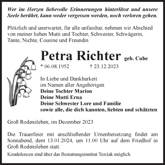 Traueranzeige von Petra Richter von Volksstimme Oschersleben/Wanzleben