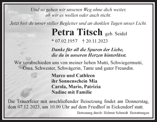 Traueranzeige von Petra Titsch von Volksstimme Schönebeck