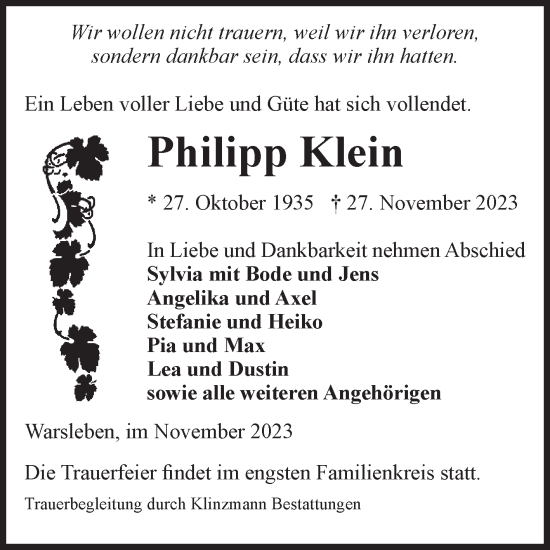 Traueranzeige von Philipp Klein von Volksstimme Oschersleben/Wanzleben