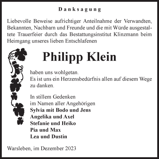 Traueranzeige von Philipp Klein von Volksstimme Oschersleben/Wanzleben