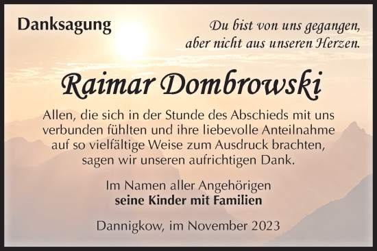Traueranzeige von Raimar Dombrowski von Volksstimme Burg/Genthin