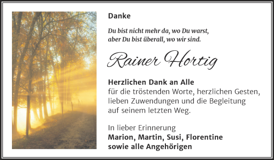 Traueranzeige von Rainer Hortig von Trauerkombi Mansfelder Land